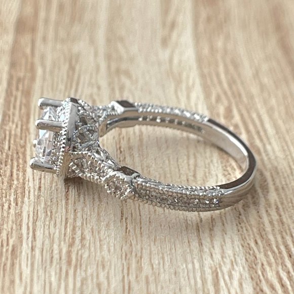 Round White Zircon Vintage Halo Ring - 18K Platinum Plated - Picture 2 of 5